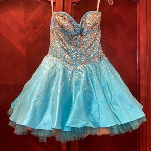 Jovani Blue and Gold Hoco Dress